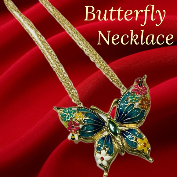 Butterfly Enamel Statement Necklace Large Pendant - Picture 1 of 10